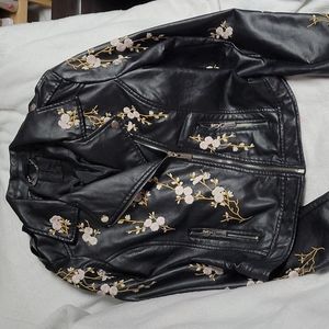 Floral EMBROIDERED Faux Leather Black MOTO Jacket